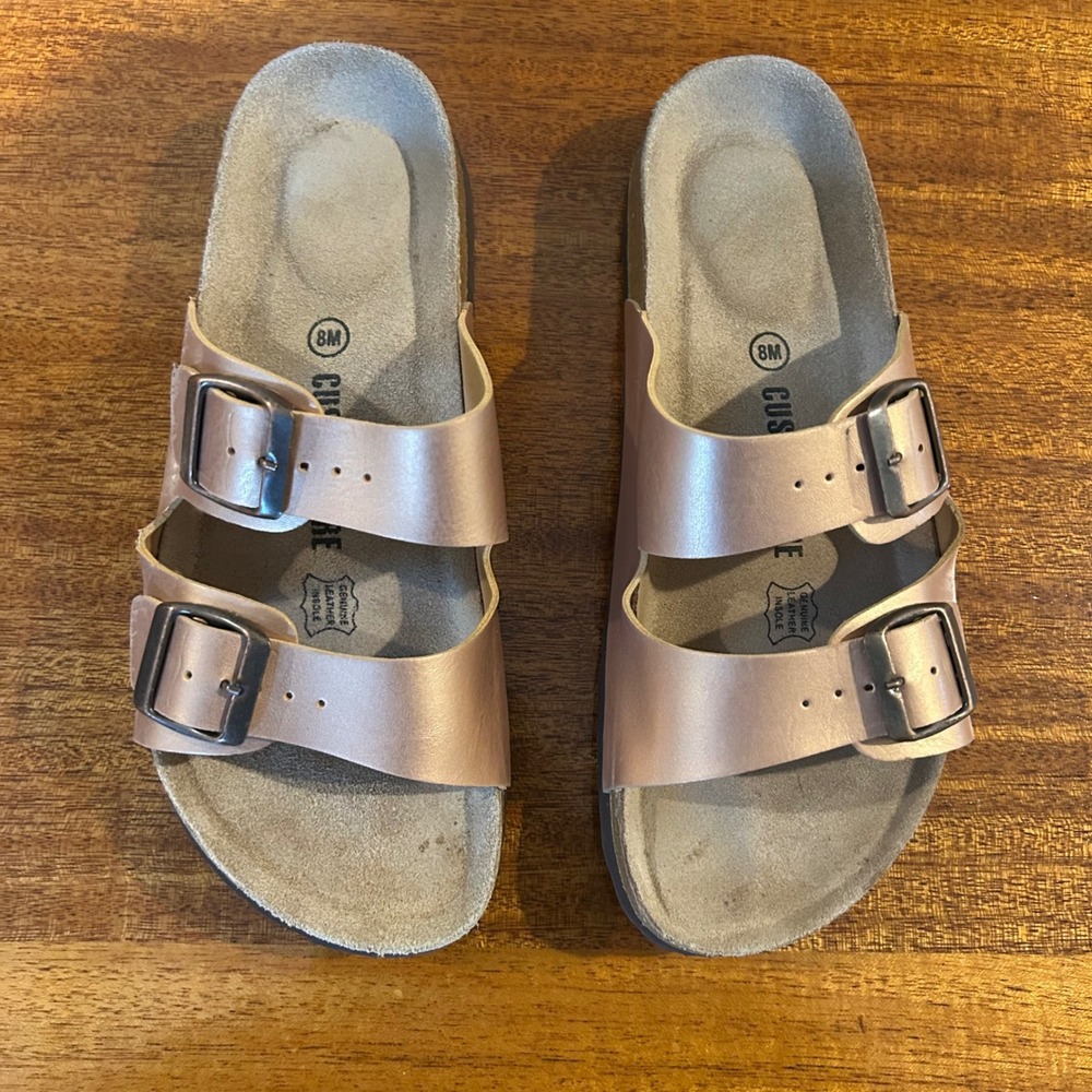 Cushionaire Lane Rose Gold Metallic Double Strap Cork Footbed Sandals Womens 8M